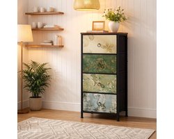 OKWISH Dressoir - Vintage Ladekast Met 4 Stoffen Lades - 45 x 94,5 x 30 cm - Opbergkast Voor Slaapkamer En Hal - Hout Metaal Multicolor