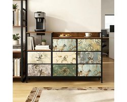 OKWISH Dressoir - Vintage Ladekast Met 8 Stoffen Laden En Open Vak - Met USB-C En 2 Stopcontacten - Metaal Hout Multicolor - 132 x 29 x 88 cm