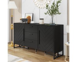 OKWISH Dressoir - Visgraat Deuren - 2 Deuren En 3 Lades - Voor Woonkamer Keuken Of Eetkamer - MDF Zwart