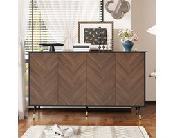 OKWISH Dressoir - Visgraatpatroon - 140 x 40 x 80 cm - 4 Deuren - Verstelbare Planken - Voor Woonkamer, Hal En Eetkamer - MDF Zwart Bruin