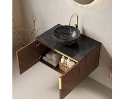 OKWISH Dressoir - Wandhangend Badkamer Wastafelmeubel - 76 x 50 x 55,1 cm - 2 Deuren - Sintersteen Blad En Keramische Waskom - Bruin Eikenlook