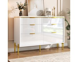 OKWISH Dressoir – Wit-Goud Modern – 6 Laden Met Hoogglans Fronten – 120x40x85,5 cm – Spaanplaat – Groot Opbergruimte Voor Woonkamer/Eetkamer/Hal