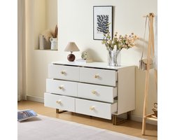 OKWISH Dressoir – Wit MDF – 6 Lades – 120×40×75 cm – Ruime Opbergruimte Met Binnenmaten 53×20×10 cm – Moderne Stijl – Goudkleurige Grepen