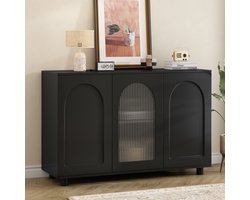 OKWISH Dressoir – Zwart MDF – U-vormig Met Gestructureerd Glas Midden – 3 Deuren (40x69.5 cm) – Druk-Open Mechanisme – 50 kg Blad