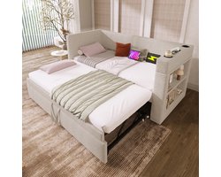 OKWISH Eenpersoonsbed 90x190 cm – Daybed Met Uitschuifbed – Armleuning Met 3x USB + 1x Type-C – Katoen-Linnen – Beige Zonder Matras