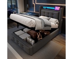 OKWISH Eenpersoonsbed 90x200 cm - Bed Met Lade En LED Verlichting - Gestoffeerd Bed Met USB - Voor Jongeren - Katoen - Grijs (geen matras)