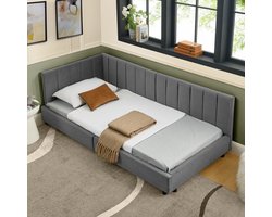 OKWISH Eenpersoonsbed 90x200 cm – met Hoog Hoofdeinde & Fluwelen Bekleding – Eucalyptus Hout En Metaal Frame – Donkergrijs – Zonder matras