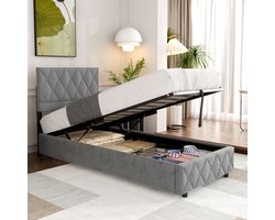 OKWISH Eenpersoonsbed 90x200 cm- Opbergbed - Gestoffeerd Bed - Stevig Bedframe - Veel Opbergruimte - Lichtgrijs