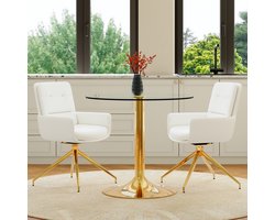 OKWISH Eethoek 85 Cm - Ronde Glazen Tafel Met 2 Draaibare Eetkamerstoelen - Voor Eetkamer Of Café - Glas PU Metaal - Wit Goud