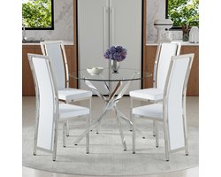 OKWISH Eethoek 88 cm - Ronde Glazen Eettafel Met 4 Eetkamerstoelen - Voor Kleine Ruimtes - Glas Metaal PU - Wit Zilver
