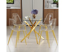 OKWISH Eethoek 88 Cm - Ronde Glazen Tafel Met 4 Transparante Stoelen - Voor Kleine Eetruimtes - Glas Metaal - Goud