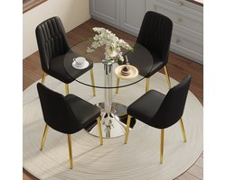 OKWISH Eethoek Set 85 Cm - Ronde Glazen Eettafel Met 4 Eetkamerstoelen - Modern Voor Keuken Of Eetkamer - Glas Metaal Zwart