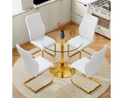 OKWISH Eethoek Set 85 Cm - Ronde Glazen Tafel Met 4 Eetkamerstoelen - Voor Eetkamer Of Woonruimte - Glas Metaal PU - Wit Goud