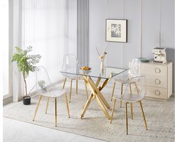 OKWISH Eethoekset - 1 Tafel en 4 Fluwelen Stoelen - Ergonomische Hoge Rug - Goudkleurig Metaal - Voor Eetkamer