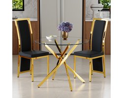 OKWISH Eethoekset 88 Cm - Ronde Eettafel Met 2 Stoelen - Voor Kleine Ruimtes - Glas, Metaal En Kunstleer - Zwart Goud