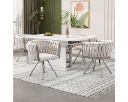 OKWISH Eetkamerstoel 4er Set - 360° Draaibaar Met Armleuningen - Luxe Fluwelen Zitting En Metalen Onderstel - Voor Eetkamer En Woonkamer - Beige Zilver