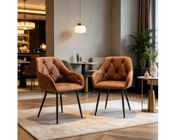 OKWISH Eetkamerstoel - Ergonomische Kuipstoel Met Armleuning - Set Van 2 - Kunstleer En Metaal - Vintage - Bruin - Gepolsterd