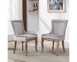 OKWISH Eetkamerstoel – Met Nagelkopafwerking En Decoratief Kussen – Massief Houten 4-Poots Frame Met Verstelbare Voetjes – Geschikt Voor Eetkamer En Restaurant – Fluweel – Grijs