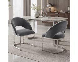 OKWISH Eetkamerstoel Set Van 2 - Kuipstoel Met Armleuning En Zachte Velvet Zitting - Moderne Grijze Eetkamerstoel Met Zilveren Metalen Poten - Voor Eetkamer, Woonkamer En Café - Velvet - Grijs En Zilver