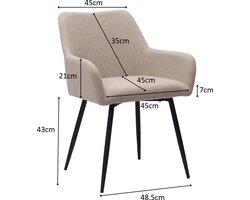 OKWISH Eetkamerstoel - Set Van 2 Met Hoge Armleuningen En Brede Zitting - Voor Eethoek Of Leeshoek - Stof Metaal - Gebroken Wit