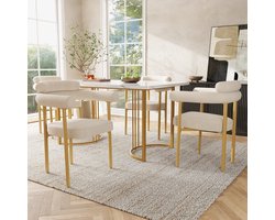 OKWISH Eettafel En Stoelenset - 5 Delig Met 4 Fluwelen Kuipstoelen - Voor Eetkamer En Keuken - Metaal Beige Goud - 140×80×75 Cm