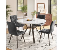 OKWISH Eettafel En Stoelenset 5 Delig - Ronde Tafel Met Marmerlook - 4 Ergonomische Stoelen - MDF En Staal Zwart Grijs - 100 Cm