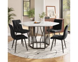 OKWISH Eettafel En Stoelenset - Zeshoekige Tafel 115,5×100×75 Cm - 4 Fluwelen Stoelen - Marmerlook Wit Zwart - MDF Staal