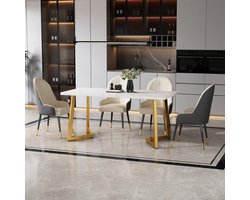 OKWISH Eettafel – Marmerlook – 117×68×75 Cm – MDF Tafelblad – Gouden Metalen Poten – Voor Eetkamer En Woonkamer – Wit+Goud – Draagkracht 50 Kg