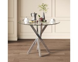 OKWISH Eettafel Rond - Glazen Tafelblad Helder - Voor Eethoek En Keuken - Zilverkleurig Metaal - 80×80×75 Cm