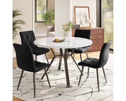 OKWISH Eettafel Rond - Witte Marmerlook Blad - Stabiel X Onderstel - Voor Eethoek Woonkamer Kantoor - MDF Staal - 100×75 cm