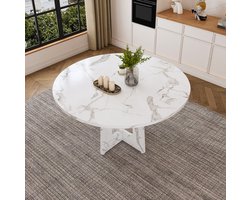 OKWISH Eettafel – Ronde Tafel Met Witte Marmerlook – 120 cm Diameter, 76 cm Hoog – Voor Eetkamer, Keuken En Woonkamer – MDF Wit