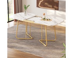 OKWISH Eettafel – Uitschuifbaar 140/180×80 cm – Marmerlook Blad – Gouden Metalen Poten – MDF Wit – Draagkracht 60 kg – Voor 4–6 Personen