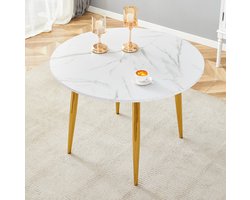 OKWISH Eettafel Uitschuifbaar Rond Naar Ovaal 107 Cm Tot 137 Cm Wit Met Gouden Poten MDF Metaal Modern Voor Volwassenen