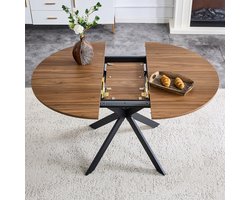 OKWISH Eettafel – Uitschuifbaar Van Rond Naar Ovaal – 137 x 107 x 76 cm – Voor 4 Tot 6 Personen – MDF En Metaal Walnoot Zwart