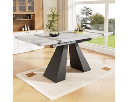 OKWISH Eettafel Uitschuifbaar - Verstelbaar 99-159x74x77 cm - Thuiswerk En Eethoek - MDF Marmerlook Grijs - Metalen Poten Zwart