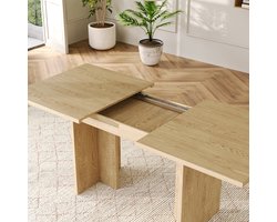 OKWISH Eettafel - Uitschuifbare Tafel 140–180 x 80 cm - Geschikt Voor 6–8 Personen - 30 mm Tafelblad - MDF Eikenkleur - T-Vorm Poten