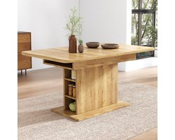 OKWISH Eettafel – Uittrekbare Eettafel – 110/130x70x75 cm – Rechthoekig Met Opbergruimte – Multifunctioneel Als Eet- En Werktafel – Modern Simpel Ontwerp – Spaanplaat;Metaal Lichtbruin