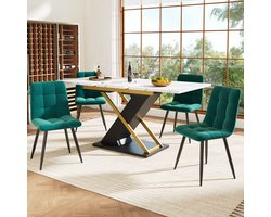 OKWISH Eettafel – Uittrekbare Eettafel 120-160x80x75.4 cm – MDF Marmer Oppervlak – Gouden Kruisbenen – Metaal Zwart – Stevige Telescooprail