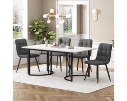 OKWISH Eettafelset 5 Delig - Eettafel 140×80 Cm Met 4 Stoelen - Keuken En Eetkamer - MDF Wit Met Marmerpatroon - Zwart Metaal