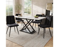 OKWISH Eettafelset 5 Delig - Uitschuifbare Eettafel 120-160x80x75 Cm - 4 Fluwelen Stoelen - MDF Marmerlook Wit - Metaal Zwart