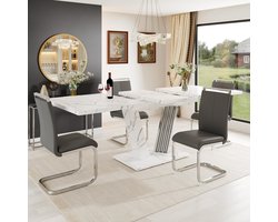 OKWISH Eettafelset 5 Delig - Uitschuifbare Eettafel 120 Tot 160 Cm - 4 Stoelen Met Kunstleer - Voor 4 Tot 6 Personen - MDF Wit