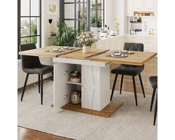 OKWISH Eettafelset 5-Delig - Uitschuifbare Tafel 110 Tot 140 Cm - 4 Stoelen Met Katoen Linnen Bekleding - MDF Metaal Wit