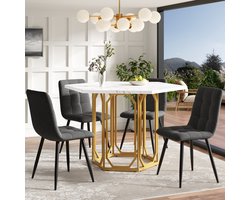 OKWISH Eettafelset 5 Delig - Zeshoekige Tafel 110,2×95,4×75,5 Cm - 4 Stoelen - Marmerlook Blad - Metaal Onderstel - Goud Grijs
