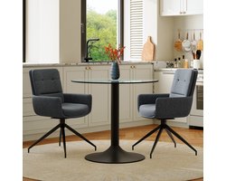 OKWISH Eettafelset 85 Cm - Ronde Glazen Tafel Met 2 Draaibare Eetkamerstoelen - Eethoek - Glas En Metaal - Zwart