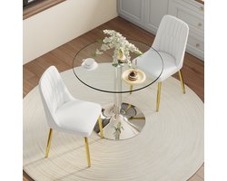 OKWISH Eettafelset 85 Cm – Ronde Glazen Tafel Met 2 Stoelen – Voor Keuken En Eetkamer – Glas Metaal Kunstleer – Wit Goud
