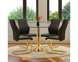 OKWISH Eettafelset 85 Cm - Ronde Glazen Tafel Met 4 Eetkamerstoelen - Modern Luxe - Metaal, Glas En Kunstleer - Zwart Goud