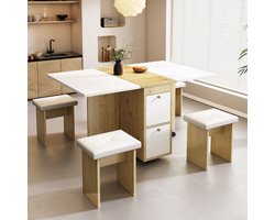 OKWISH Eettafelset – Inklapbare En Uittrekbare Eettafel – 4 Stoelen – Multifunctioneel Voor Eten En Werken – Spaanplaat Wit+Eiken – 120x80x75 cm