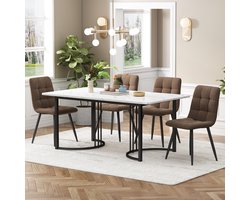 OKWISH Eettafelset Met 4 Stoelen - Marmerlook Eettafel 140×80×75 Cm - Fluwelen Stoelen - Metalen Poten Zwart - MDF Wit