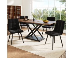 OKWISH Eettafelset Met 4 Stoelen - Uitschuifbare Eettafel 120-160x80x75 Cm - Fluwelen Stoelen - MDF+Metaal - Walnoot+ Zwart