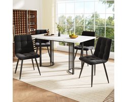 OKWISH Eettafelset Met 4 Stoelen - Uitschuifbare Eettafel 140 Tot 179,5 Cm - Voor 4 Personen - MDF Metaal - Zwart Wit